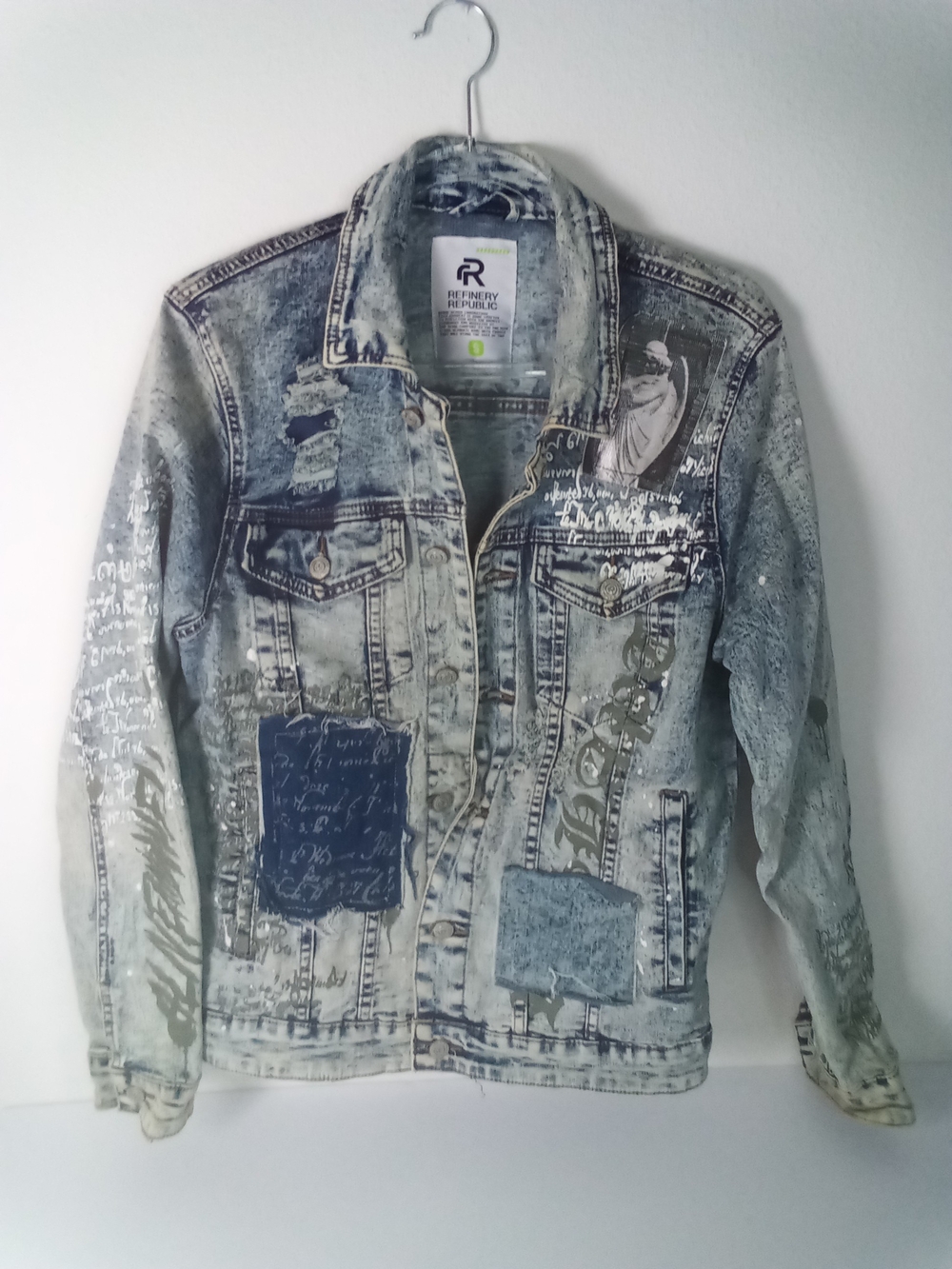 Distressed Retro Artist Signed Light Blue Denim Jacket  Men's S